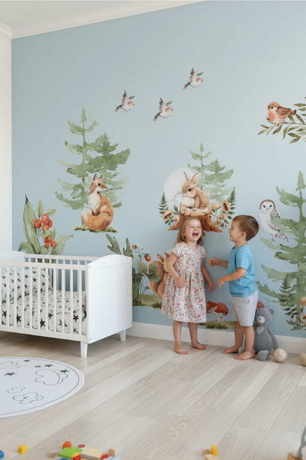 Safari World Large Size Safari Animals Squirrel Fox and Birds Wall Sticker Set