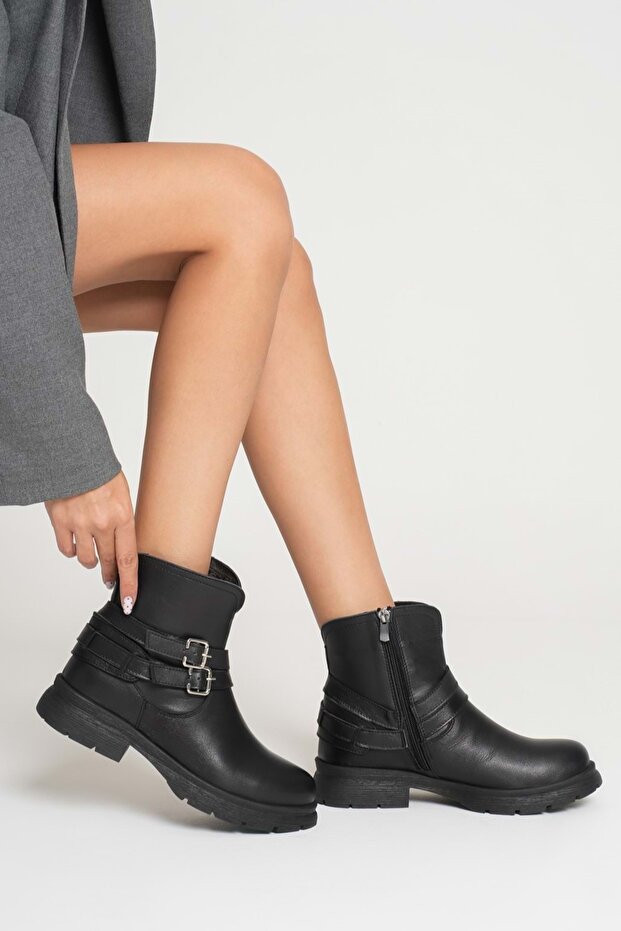 Women's Genuine Leather Buckle Casual Boots - Black