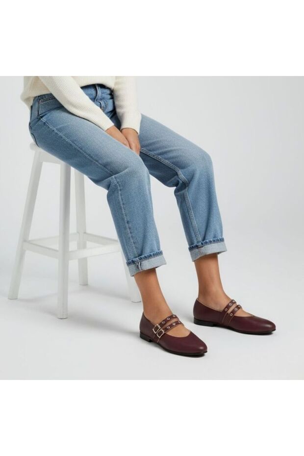 Burgundy Leather Women's Double Capsule Ballerinas