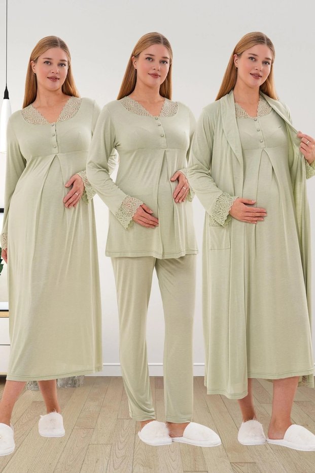 Women's Long Sleeve Guipure Detailed Dressing Gown Nightgown Pajamas 4-Piece Maternity Set 65% Cotton 35% Viscose