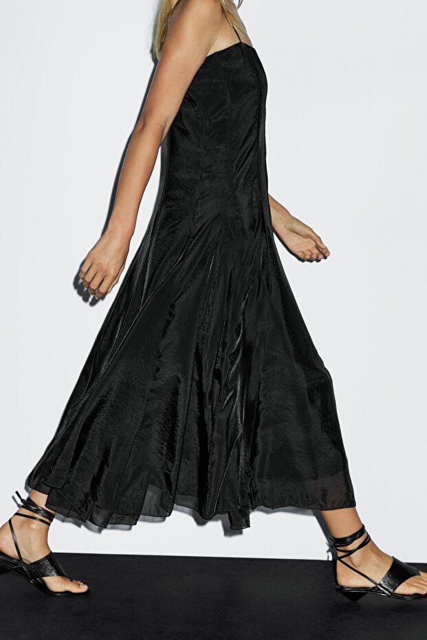 Keçi detaylı dökümlü midi elbise - 3