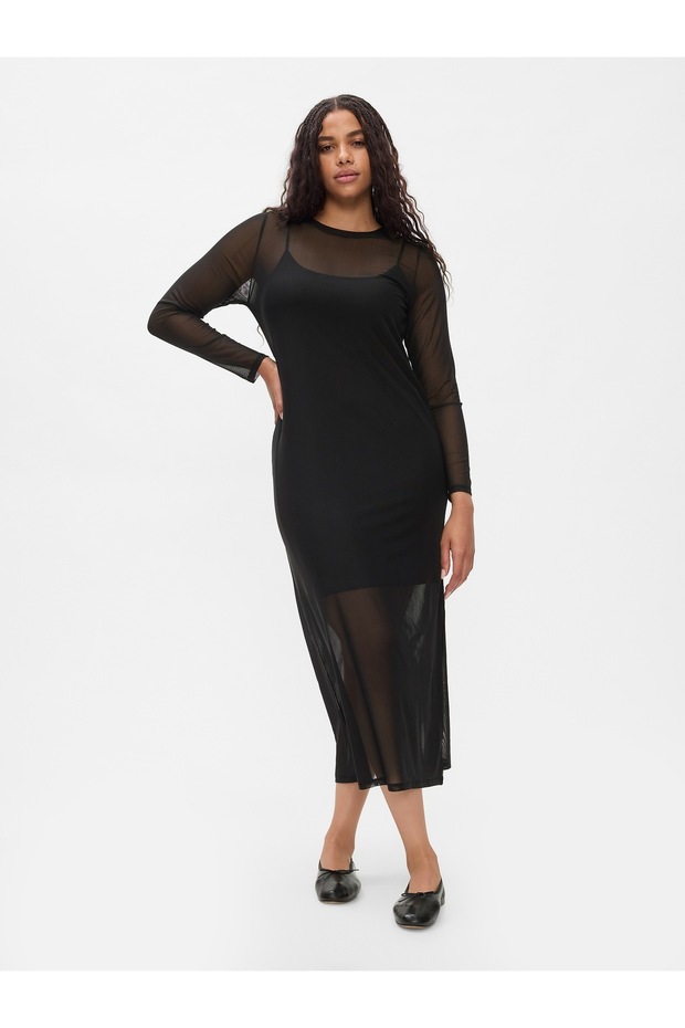 Kadın Siyah Tül Astarlı Midi Elbise - 4