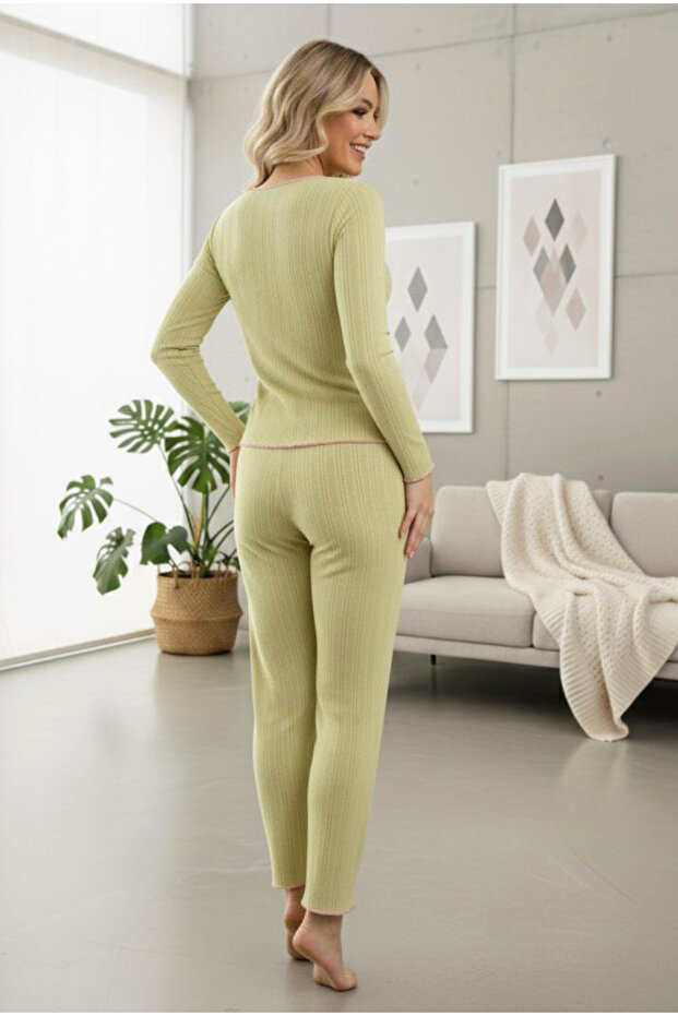 yeşil Pamuklu Delikli Dantelli Örme Pijama Takım7928-7 - 3