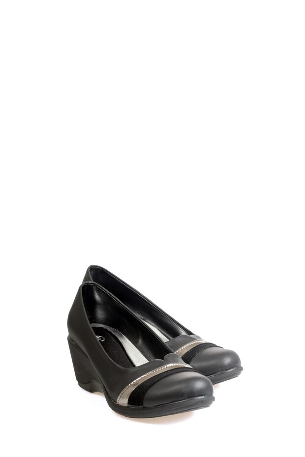 Black Wedge Heel Smoked Patterned Shoes