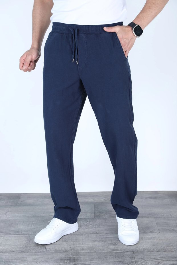 Men's Navy Blue Baggy Linen Look Trousers