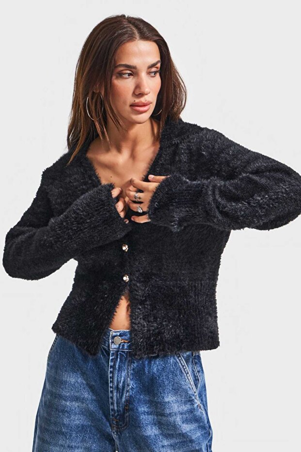 itsbasic Kadın Önü Düğmeli Özel Dokuma Oversize Hırka - 1