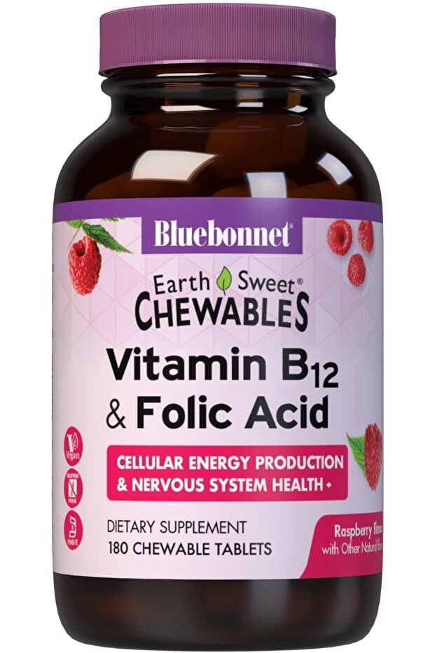Bluebonnet EarthSweet Vitamin B12 & Folic Acid Chewable Tablets, Cream Raspberry, 180 Count