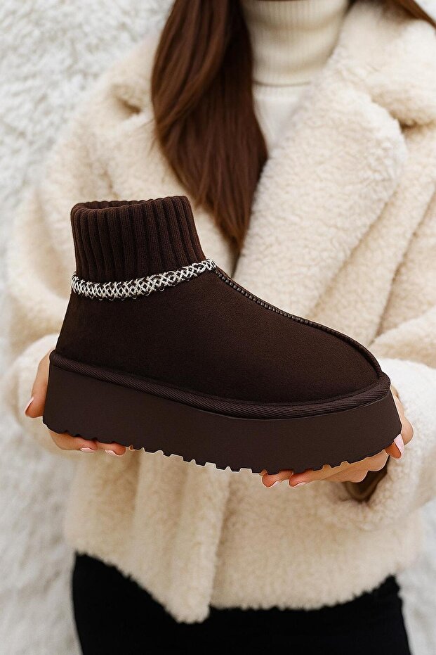 Kadın Ayakkabı Kendinden Çoraplı Kalın Tabanlı Bot Yüksek Taban Nakışlı Süet Bot & Bootie - 2