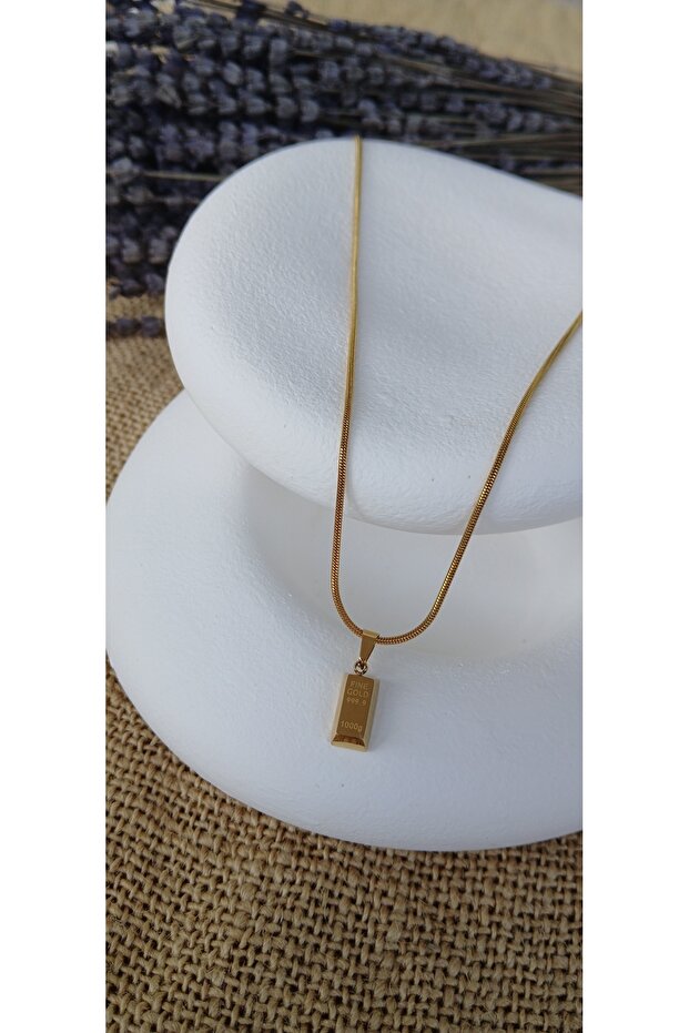 Çelik Külçe Altın Kolye - 2