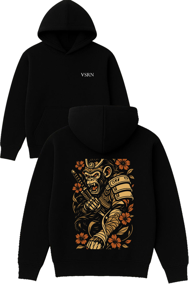 Monkey Fighter Design Printed Oversized Black Hooded Sweatshirt