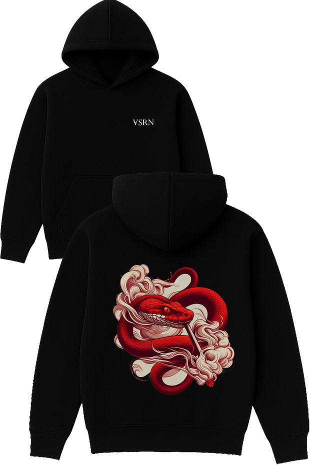 Dumana Wrapped Red Snake Design Printed Oversized Black Hooded Sweatshirt