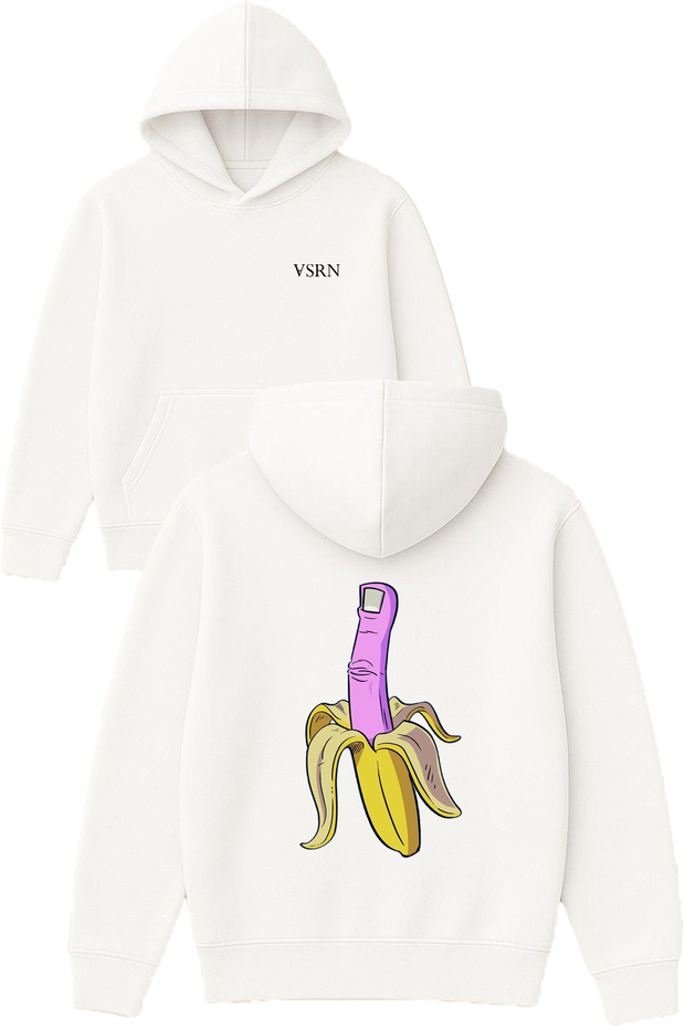 Banana Finger Design Printed Oversized White Hooded Sweatshirt