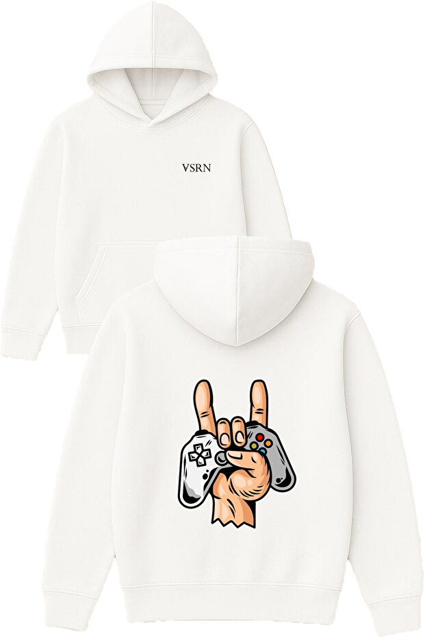 Moving Hand Game Handle Design Printed Oversized White Hooded Sweatshirt