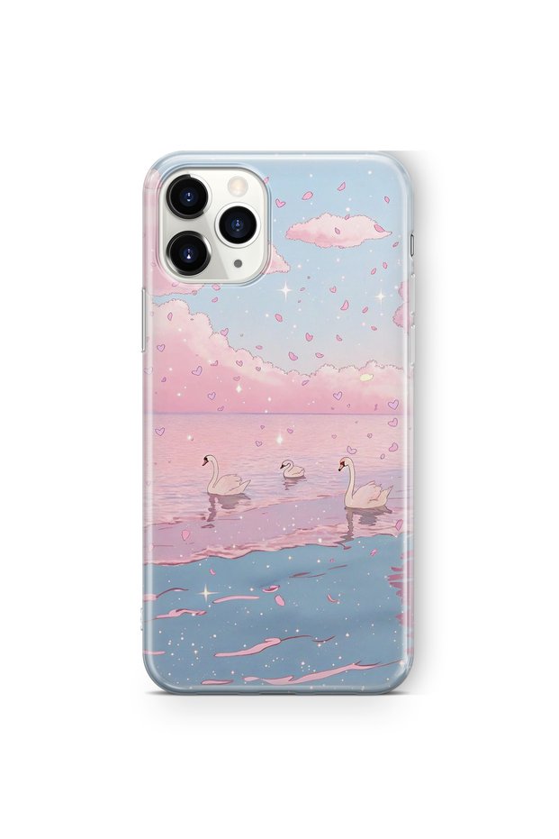 iPhone 11 Pro Compatible Pink Sky and Swan Pattern Transparent Phone Case