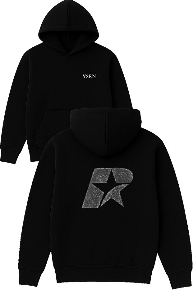 R 1 Design Printed Oversized Black Hooded Sweatshirt