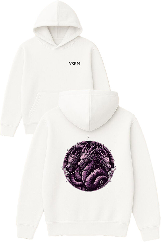 3 Headed Dragon Design Printed Oversized White Hooded Sweatshirt