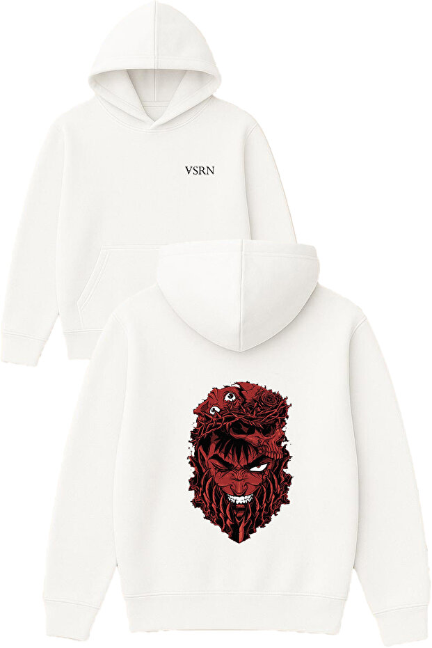 Red Faced Man Design Printed Oversized White Hooded Sweatshirt