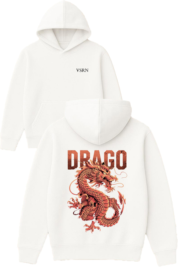 Drago Design Printed Oversized White Hooded Sweatshirt