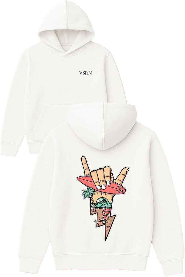 Hand Gesture Design Printed Oversized White Hooded Sweatshirt