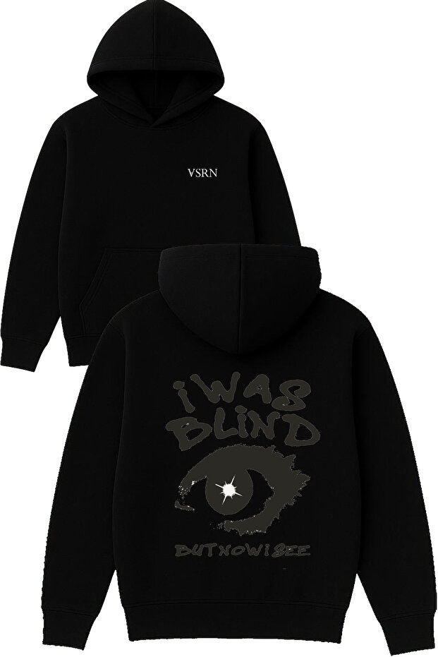 I Was Blinded Design Printed Oversized Black Hooded Sweatshirt