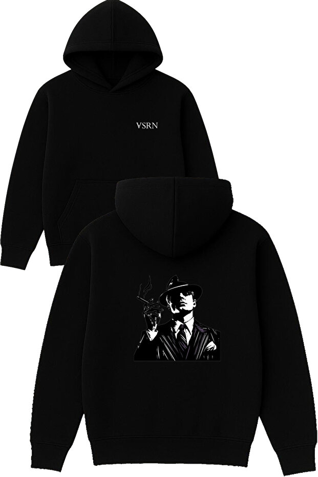 God Father Design Printed Oversized Black Hooded Sweatshirt