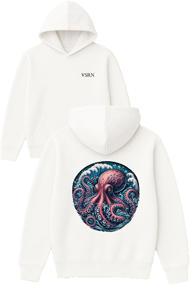 Pink Octopus Design Printed Oversized White Hooded Sweatshirt