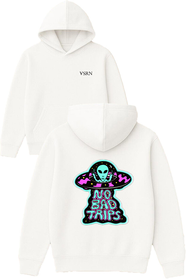 No Bad Trips Design Printed Oversized White Hooded Sweatshirt