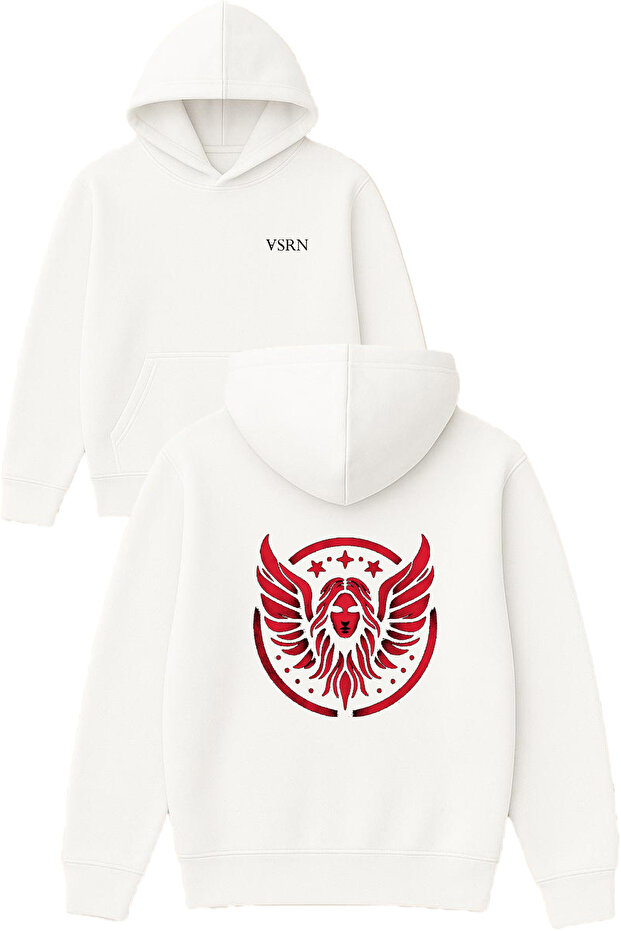 Red-Winged Girl Design Printed Oversize White Hooded Sweatshirt