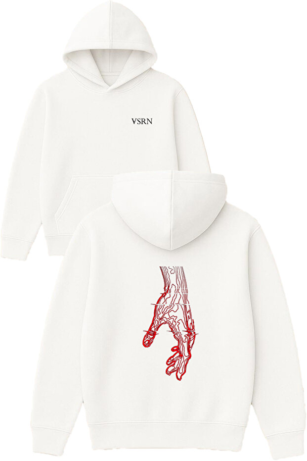 Red Hand Design Printed Oversized White Hooded Sweatshirt