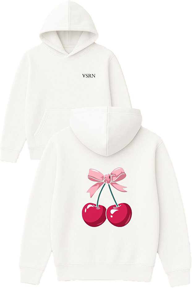 Cherry Design Printed Oversized White Hooded Sweatshirt