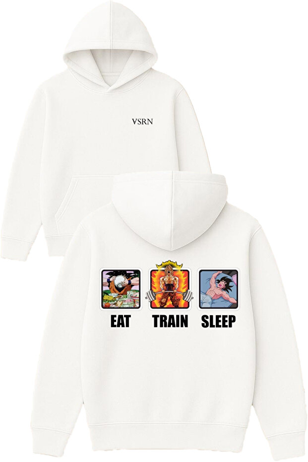 Eat Train Sleep Design Printed Oversized White Hooded Sweatshirt