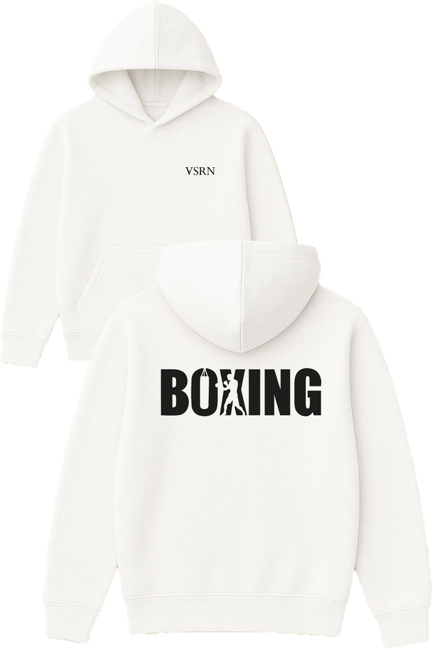 Cool Boxing Design Printed Oversized White Hooded Sweatshirt