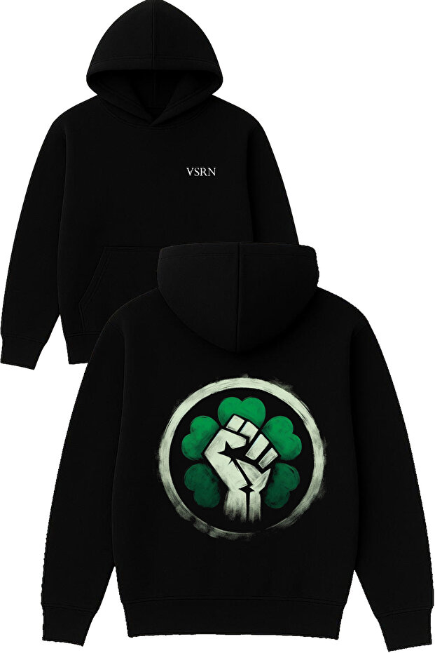 Four Leaf Clover Design Printed Oversized Black Hooded Sweatshirt