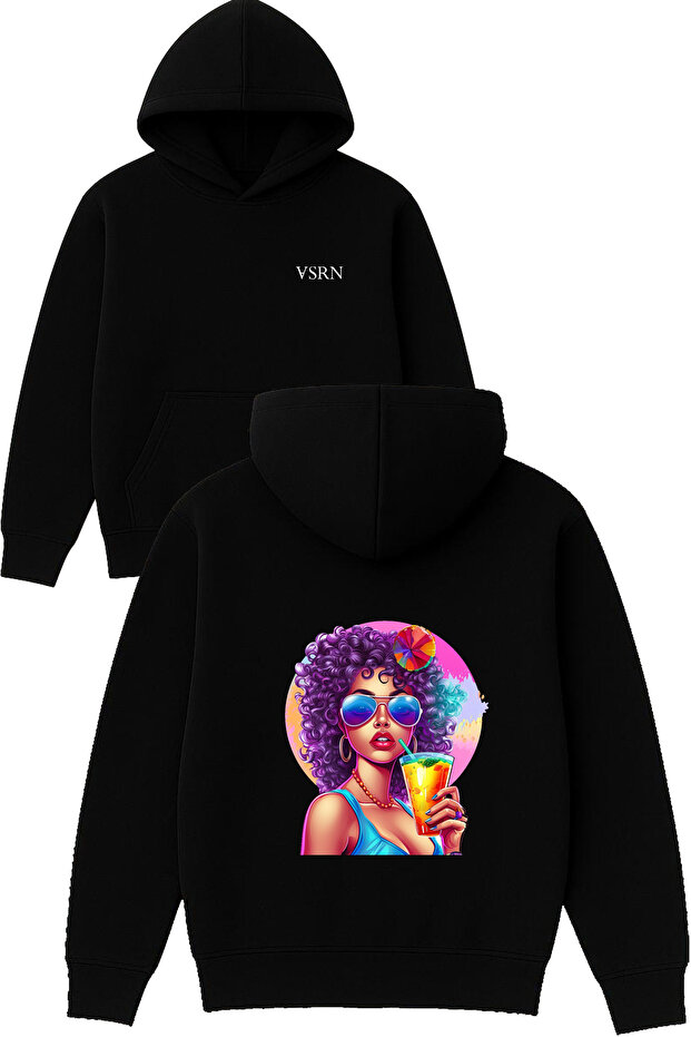 Retro Women's Design Printed Oversized Black Hooded Sweatshirt