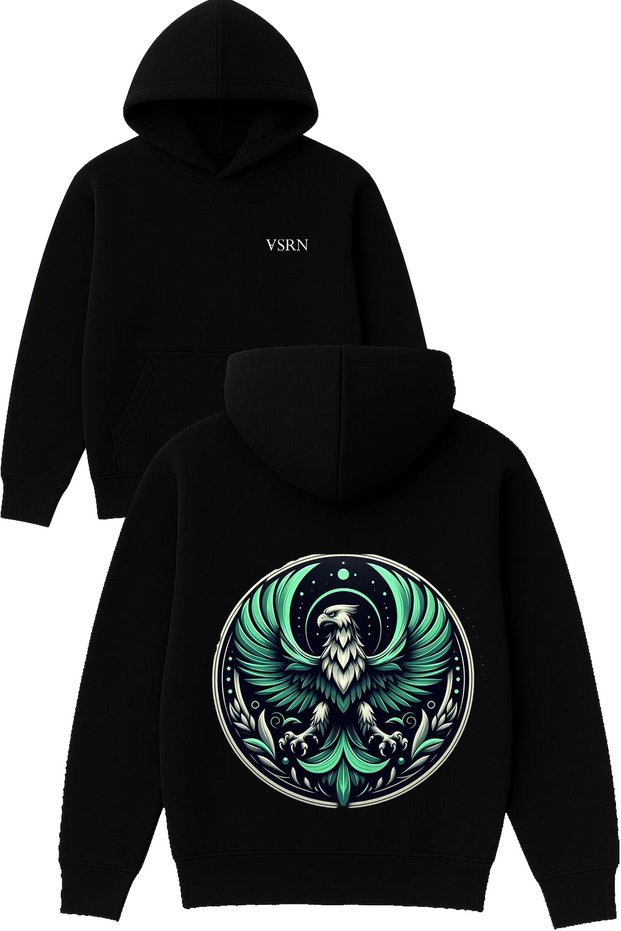 Kus Design Printed Oversized Black Hooded Sweatshirt
