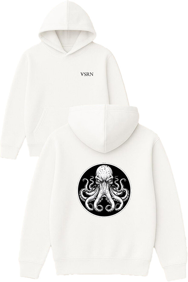 Octopus 8-Armed Design Printed Oversized White Hooded Sweatshirt