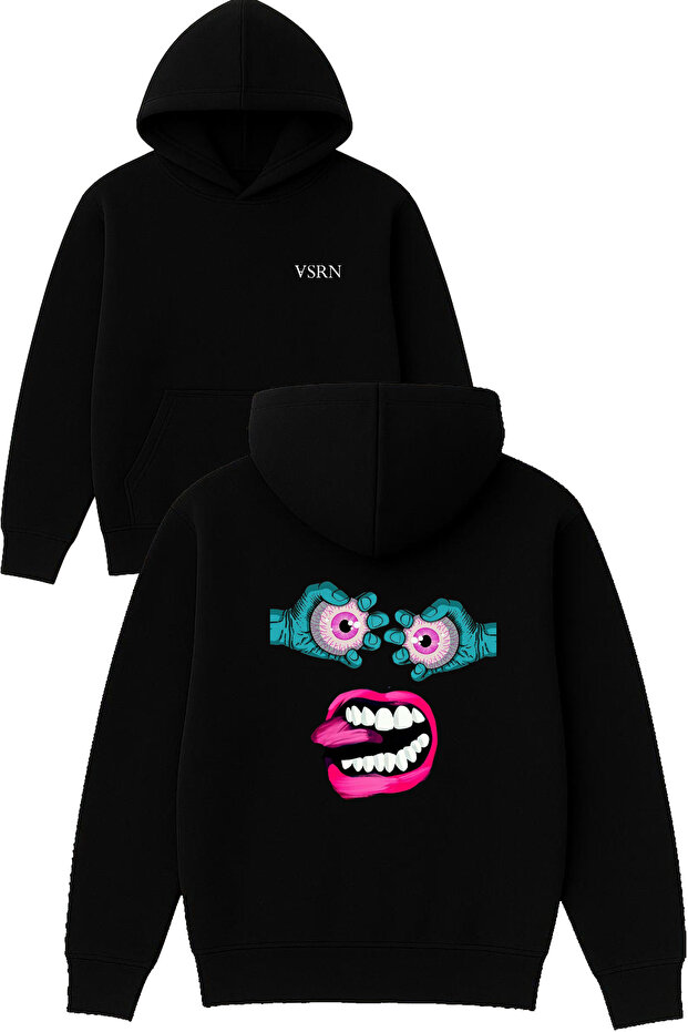 Single Eye Pink Design Printed Oversized Black Hooded Sweatshirt