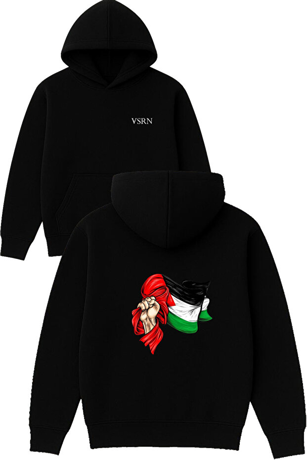Palestine Flag Design Printed Oversized Black Hooded Sweatshirt