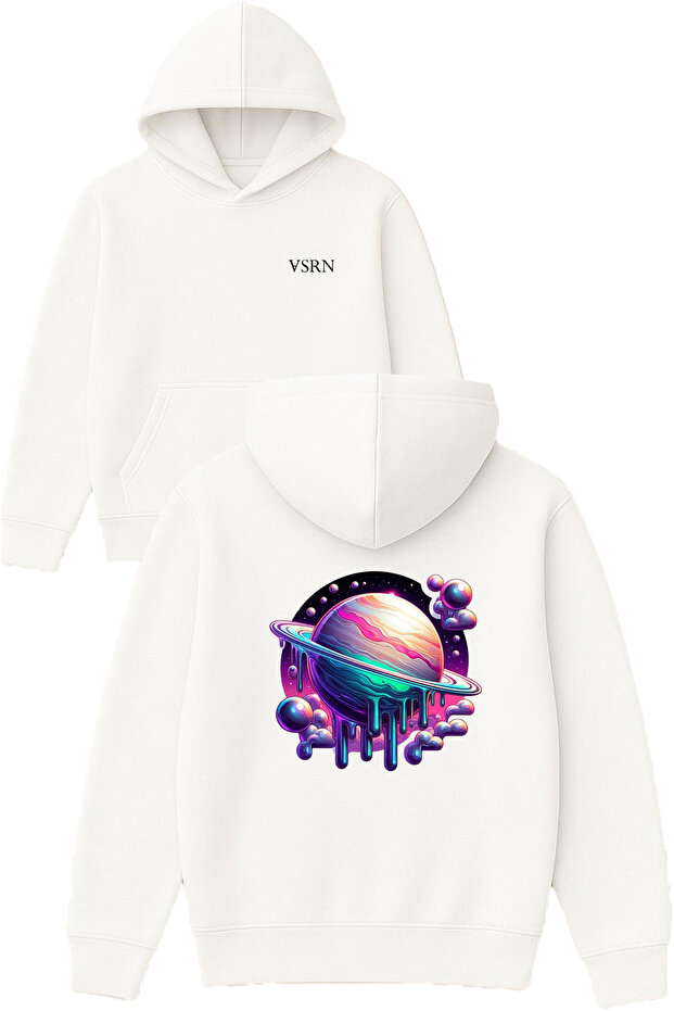 Uzay Jupiter Design Printed Oversized White Hooded Sweatshirt
