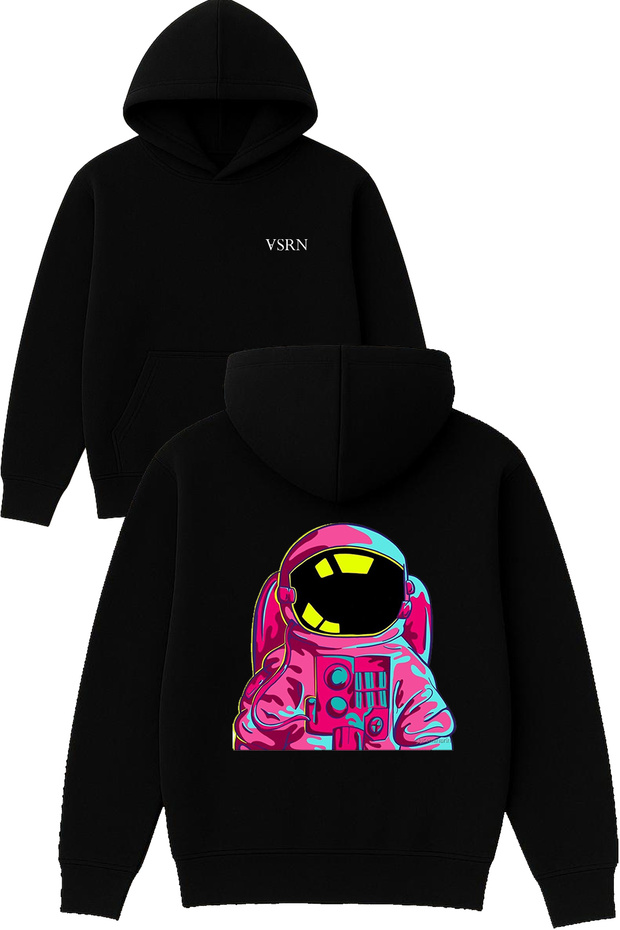 Astronaut Design Printed Oversized Black Hooded Sweatshirt