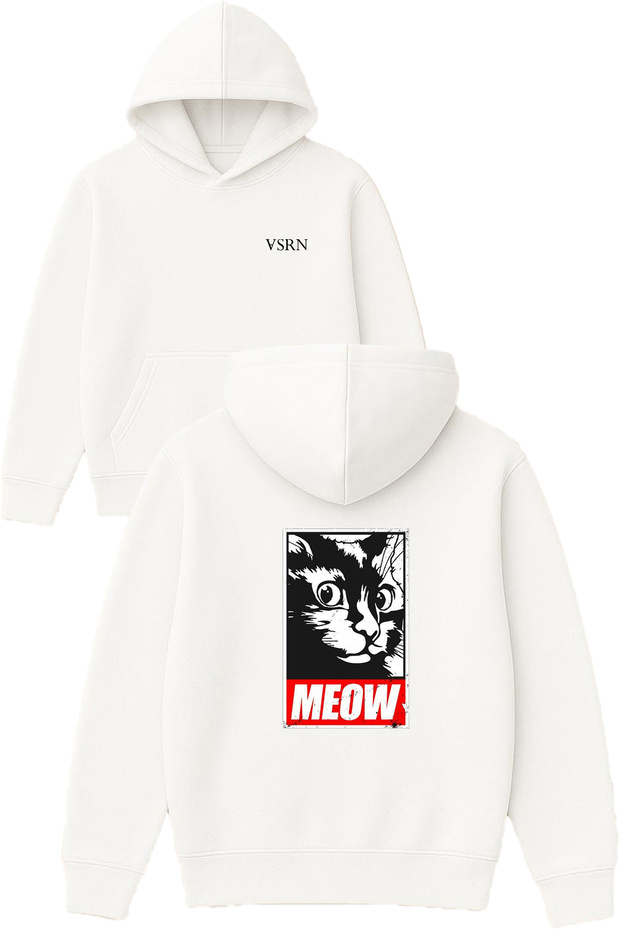 Meow Design Printed Oversized White Hooded Sweatshirt