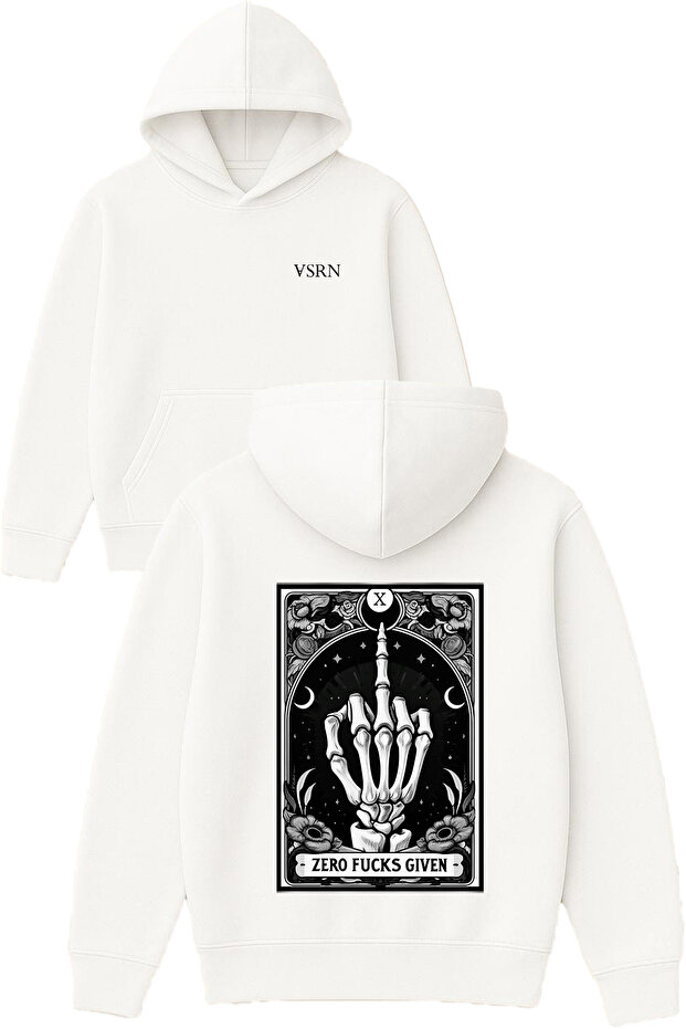 Zero Fcks Gıven Design Printed Oversized White Hooded Sweatshirt