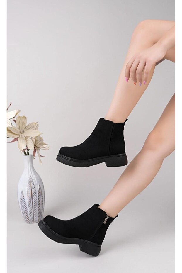 KADIN SİYAH SÜET LASTİK DETAYLI FERMUARLI BOT - 1