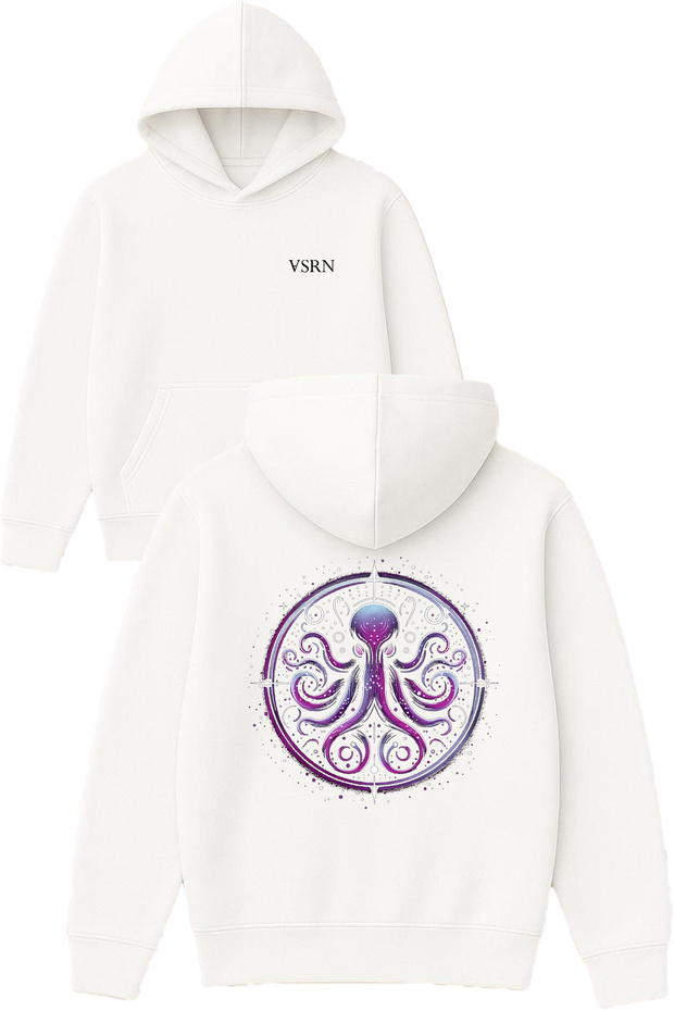 Purple Patterned Octopus Design Printed Oversized White Hooded Sweatshirt