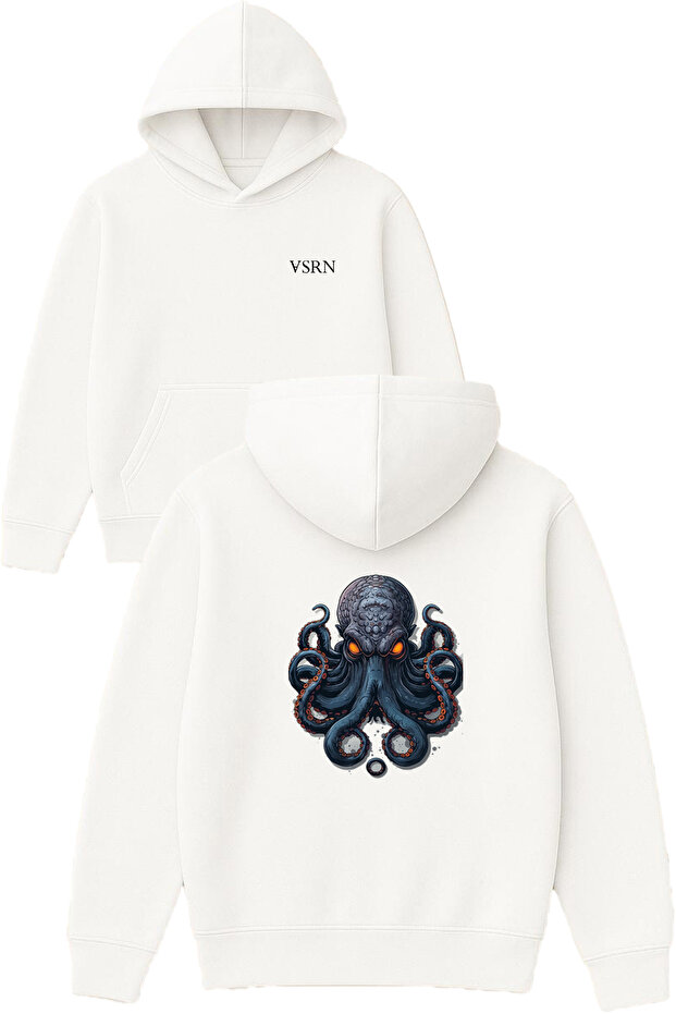 Octopus with Orange Eyes Design Printed Oversized White Hooded Sweatshirt