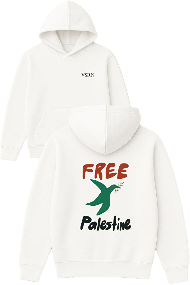 Palestine Bird Design Printed Oversized White Hooded Sweatshirt