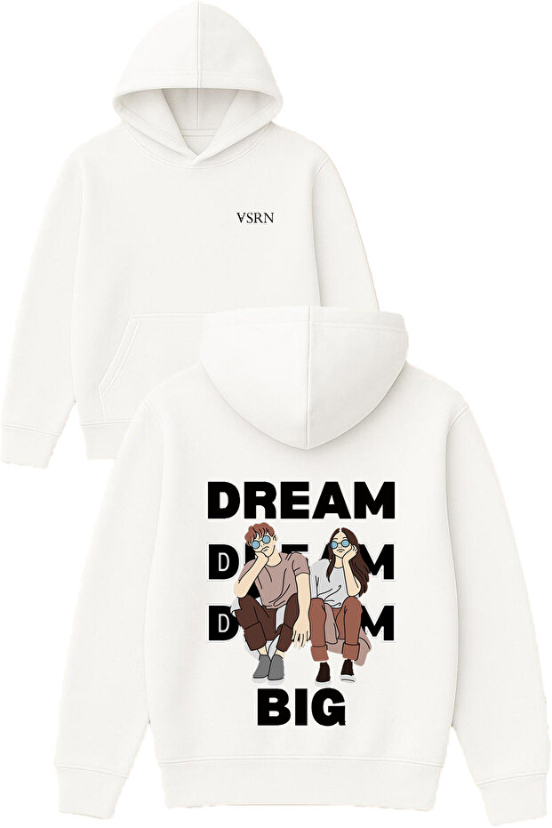 Dream Bıg Design Printed Oversized White Hooded Sweatshirt
