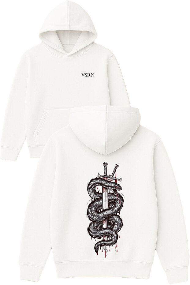 Sword Snake Design Printed Oversized White Hooded Sweatshirt
