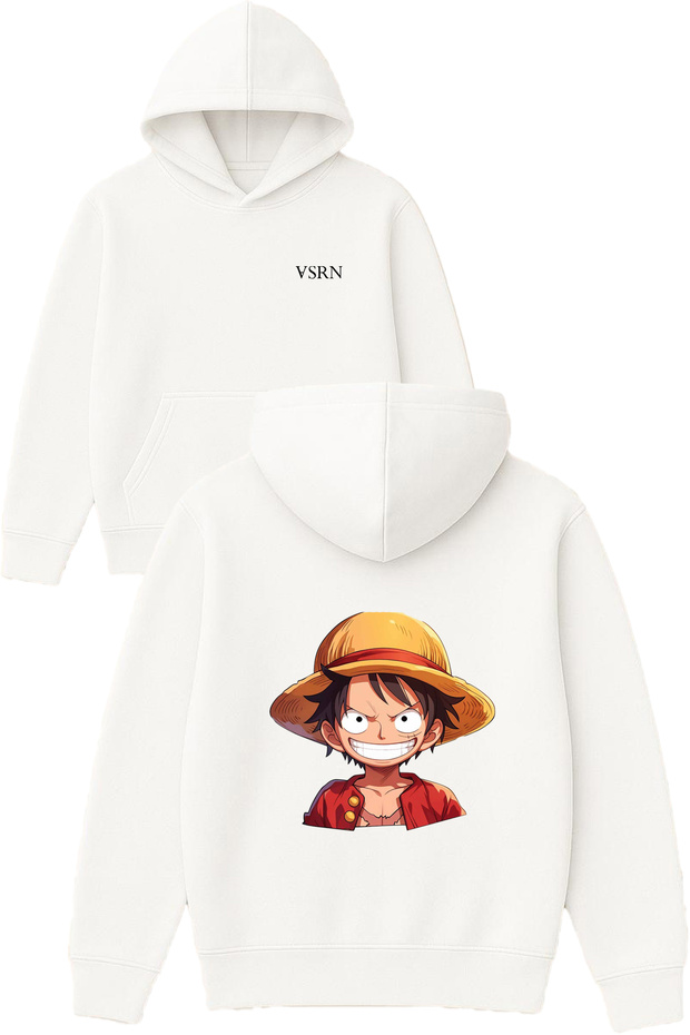 Anime with a Hat Design Printed Oversized White Hooded Sweatshirt