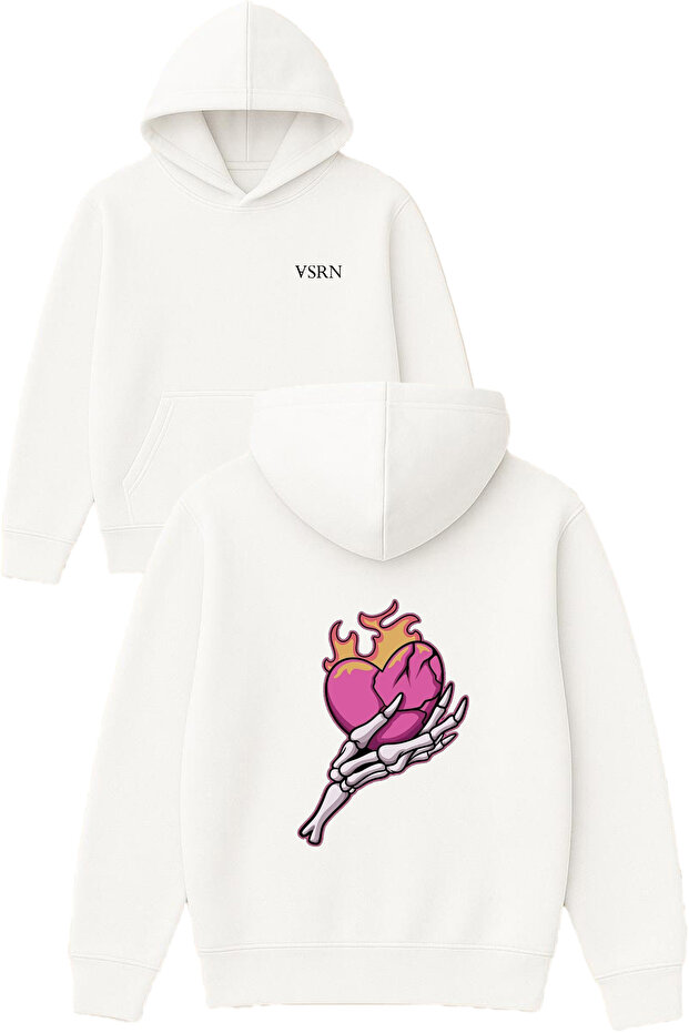 Skeleton Hand Heart Design Printed Oversized White Hooded Sweatshirt